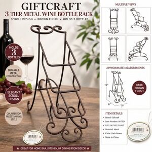 Giftcraft 3 Tier Metal Wine Bottle Rack Scroll Design Brown 867324 Countertop